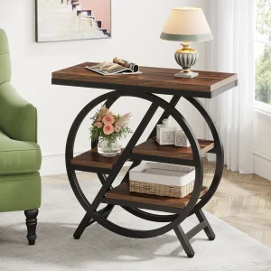 Wood Sofa Side Table with Geometric Metal Frame